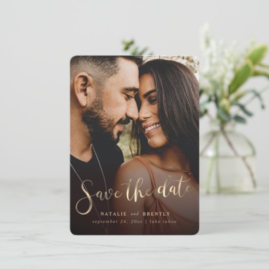 Elegant marble Gold Script & Full Bleed Photo Save The Date (Staand voorkant)