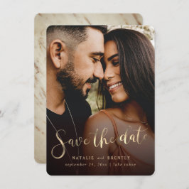 Elegant marble Gold Script & Full Bleed Photo Save The Date