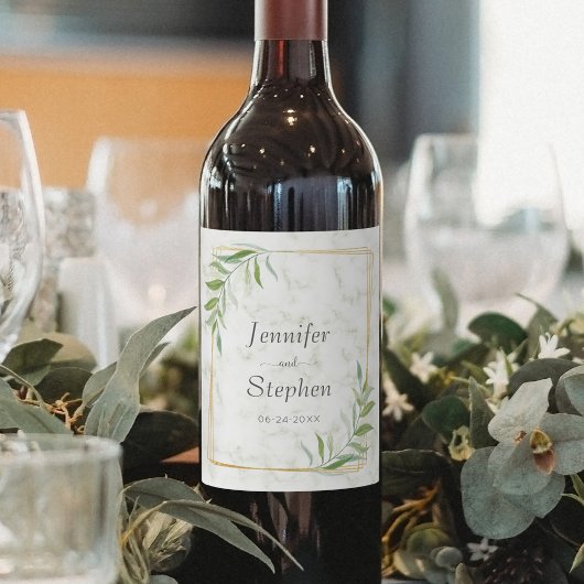Elegant Marble Greenery Gold Geometric Wedding Wijn Etiket