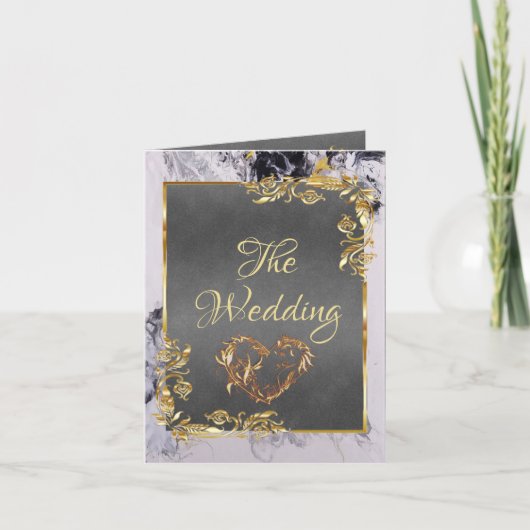 Elegant Marble, Grey, Gold Frame, Gold Heart Aankondiging (Voorkant)