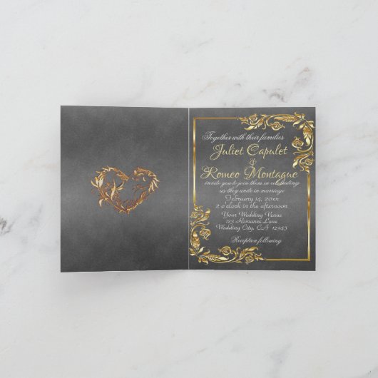 Elegant Marble, Grey, Gold Frame, Gold Heart Aankondiging (Binnen)