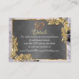 Elegant Marble, Grey, Gold Frame, Gold Heart Informatiekaartje