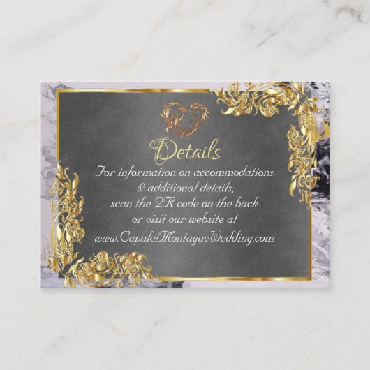 Elegant Marble, Grey, Gold Frame, Gold Heart Informatiekaartje (Voorkant)