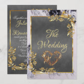 Elegant Marble, Grey, Gold Frame, Gold Heart Kaart (Voorkant / Achterkant)