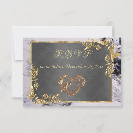 Elegant Marble, Grey, Gold Frame, Gold Heart RSVP Kaartje (Voorkant)