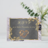 Elegant Marble, Grey, Gold Frame, Gold Heart RSVP Kaartje (Staand voorkant)