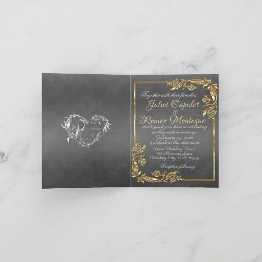 Elegant Marble, Grey, Gold Frame, Silver Heart Aankondiging (Binnen)