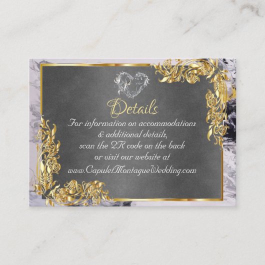 Elegant Marble, Grey, Gold Frame, Silver Heart Informatiekaartje (Voorkant)