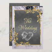 Elegant Marble, Grey, Gold Frame, Silver Heart Kaart (Voorkant / Achterkant)