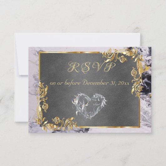 Elegant Marble, Grey, Gold Frame, Silver Heart RSVP Kaartje (Voorkant)