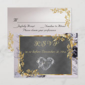 Elegant Marble, Grey, Gold Frame, Silver Heart RSVP Kaartje (Voorkant / Achterkant)