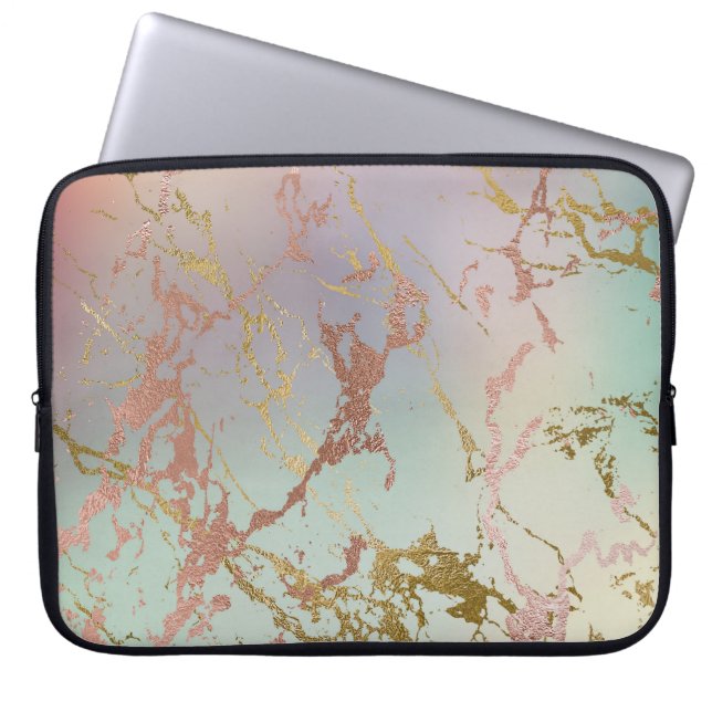 Elegant Marble | Kopersage Mint Green Roos Gold Laptop Sleeve (Voorkant)
