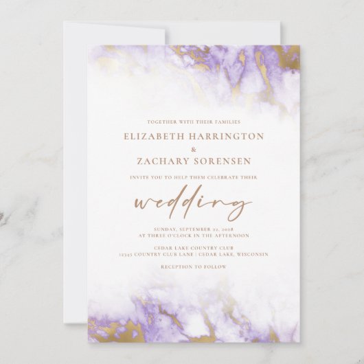 Elegant Marble Lavender Gold Wedding Kaart (Voorkant)