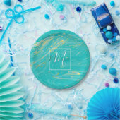 Elegant Marble luxe Gold blue design monogram Papieren Bordje (Feest)