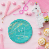 Elegant Marble luxe Gold blue design monogram Papieren Bordje (Feest)