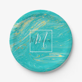 Elegant Marble luxe Gold blue design monogram Papieren Bordje