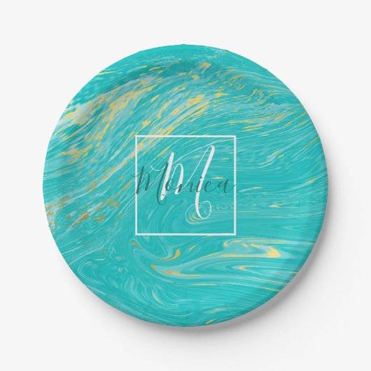 Elegant Marble luxe Gold blue design monogram Papieren Bordje (Voorkant)