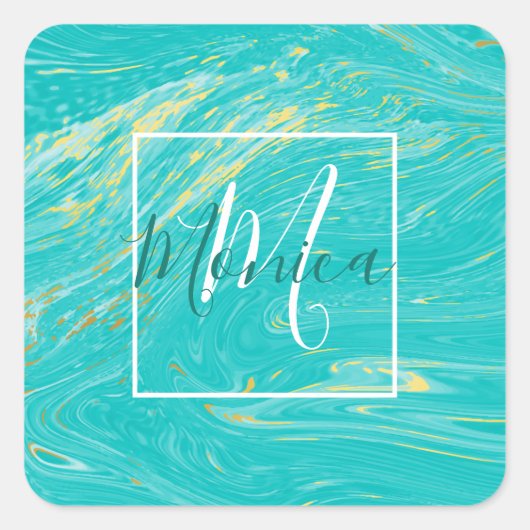 Elegant Marble Luxury blue monogram Vierkante Sticker (Voorkant)