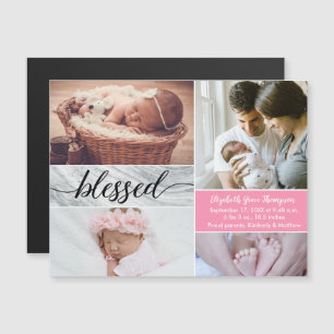 Elegant Marble Pink Blessed Script Baby Girl Foto Magnetische Uitnodiging