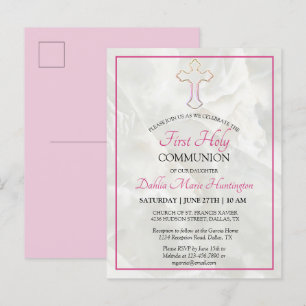 Elegant Marble Pink Girls Eerste Heilige Communie Uitnodiging Briefkaart
