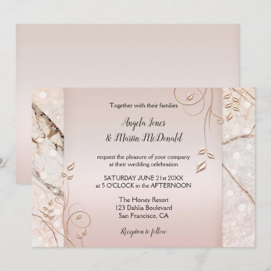 Elegant Marble Roos Gold Floral Wedding Invitation Kaart (Voorkant / Achterkant)