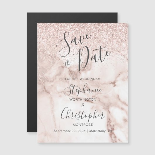 Elegant Marble Roos Gold Glitter Save the Date (Voorkant / Achterkant)