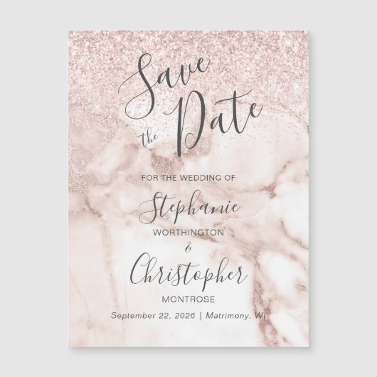 Elegant Marble Roos Gold Glitter Save the Date (Voorkant)