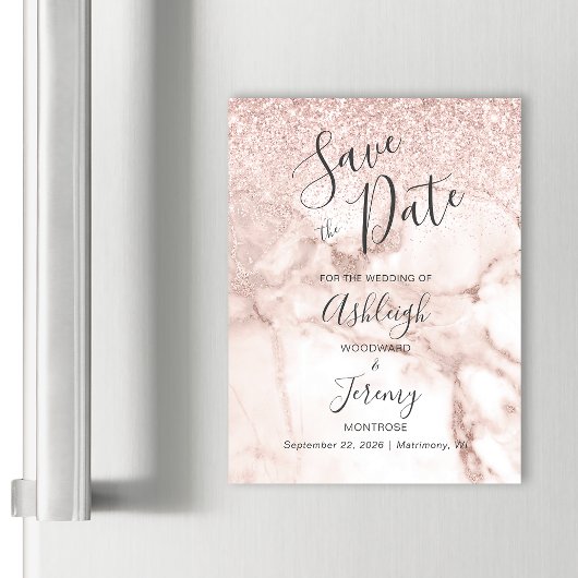 Elegant Marble Roos Gold Glitter Save the Date