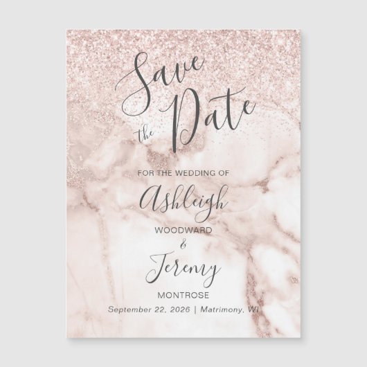 Elegant Marble Roos Gold Glitter Save the Date (Voorkant)