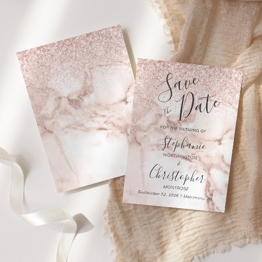 Elegant Marble Roos Gold Glitter Save the Date Kaart