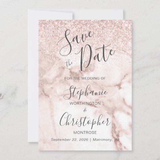Elegant Marble Roos Gold Glitter Save the Date Kaart (Voorkant)