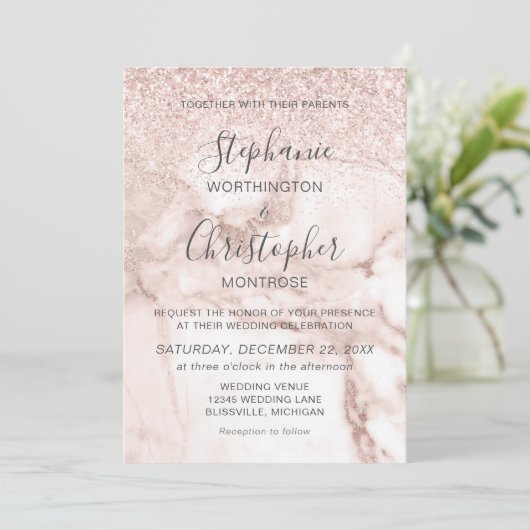 Elegant Marble Roos Gold Glitter Wedding Kaart (Staand voorkant)