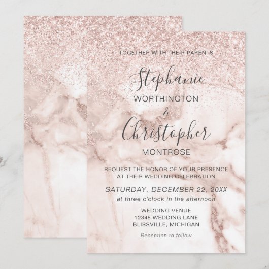 Elegant Marble Roos Gold Glitter Wedding Kaart (Voorkant / Achterkant)