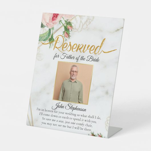 Elegant Marble Save a Seat Photo Weddenorial Reclamebord Met Voetstuk (Voorkant)