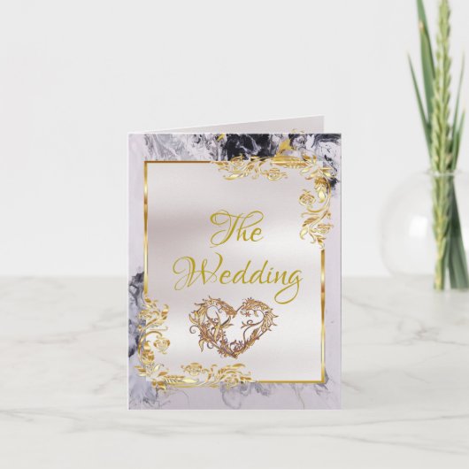 Elegant Marble, White, Gold Frame, Gold Heart Aankondiging (Voorkant)