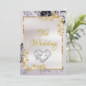 Elegant Marble, White, Gold Frame, Silver Heart Kaart (Staand voorkant)