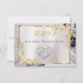 Elegant Marble, White, Gold Frame, Silver Heart  RSVP Kaartje