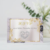 Elegant Marble, White, Gold Frame, Silver Heart  RSVP Kaartje (Staand voorkant)