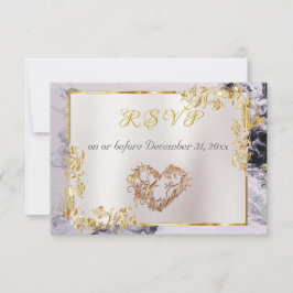 Elegant Marble, White, Gold Frame, Silver Heart RSVP Kaartje