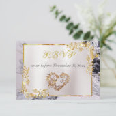 Elegant Marble, White, Gold Frame, Silver Heart RSVP Kaartje (Staand voorkant)