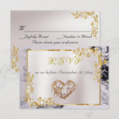 Elegant Marble, White, Gold Frame, Silver Heart RSVP Kaartje (Voorkant / Achterkant)