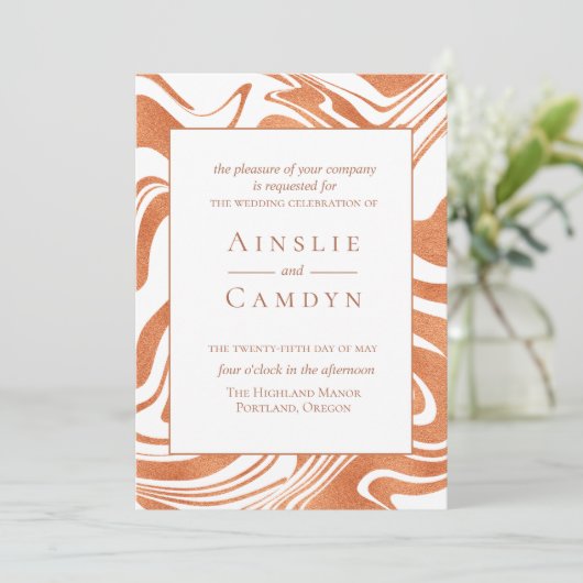 Elegant Marbling Copper Wedding Invitation Kaart (Staand voorkant)