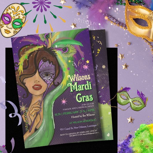 Elegant Mardi Gras Masquerade Hand-drawn Portrait Kaart
