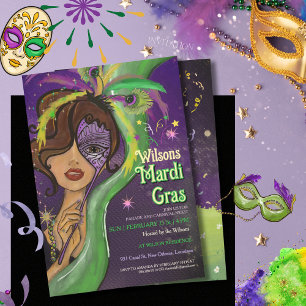 Elegant Mardi Gras Masquerade handgetekend portret Kaart