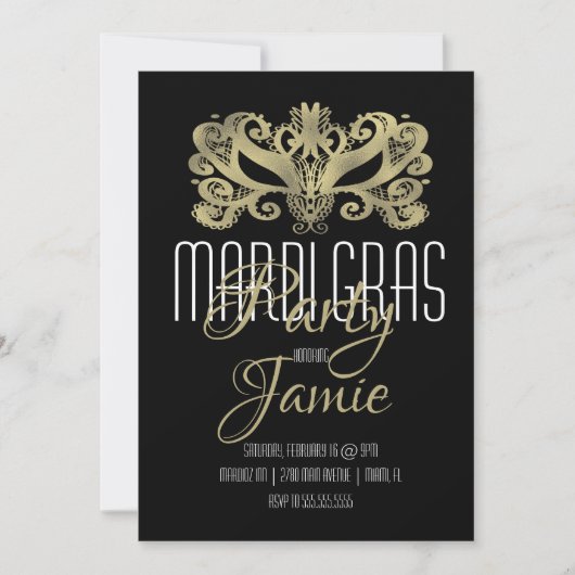 Elegant Mardi Gras Party Faux Gold en Black Kaart (Voorkant)