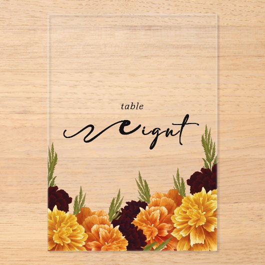 Elegant   "MARIGOLD" Floral  Acrylic Table Number Acryl Uitnodigingen (Voorkant)