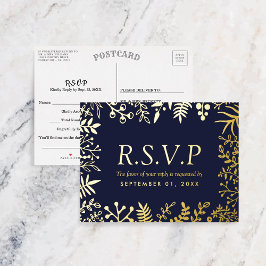 Elegant Marine Blauw Bloemen Bruiloft RSVP Echt Folie Uitnodiging Briefkaart