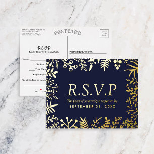 Elegant Marine Blauw Bloemen Bruiloft RSVP Echt Folie Uitnodiging Briefkaart