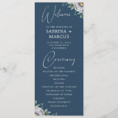 Elegant Marine Blauw Bloemen Script Bruiloft Cerem Programmakaart (Voorkant)
