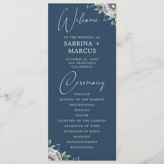 Elegant Marine Blauw Bloemen Script Bruiloft Cerem Programmakaart (Voorkant)
